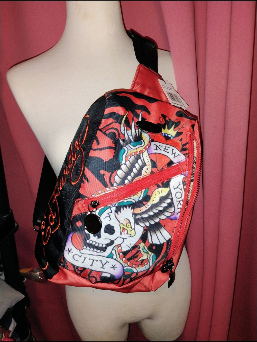 Ed Hardy Red and Black Tattoo-Print Crossbody Bag